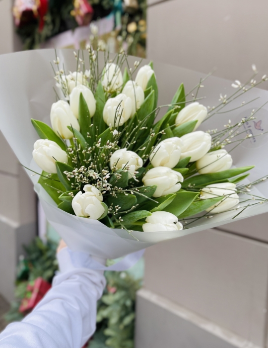 Bouquet with white tulips combined with fragrant genistra